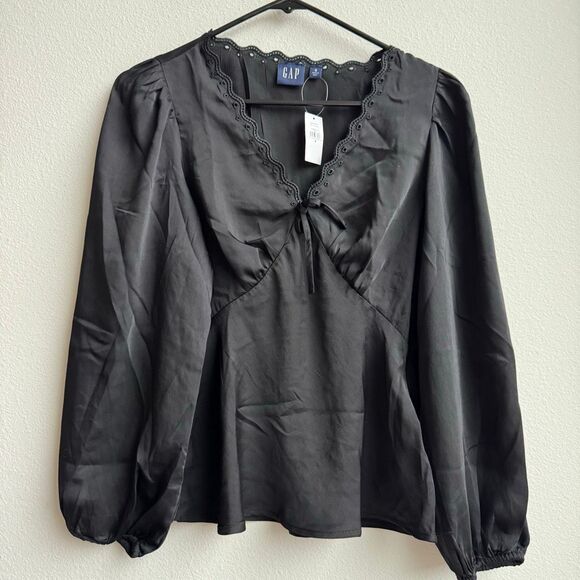 NWT Gap Babydoll Blouse Womens Small Scallop Eyelet Satin Black Office Bow Top - Picture 2 of 7